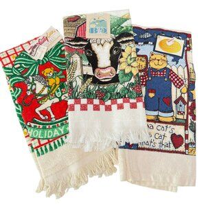 Vintage Country Kitchen Towels Lot of 3 Cow Cat Holiday Bear Retro Terry NOS